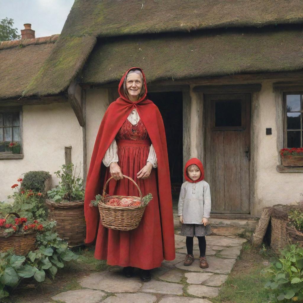 An illustration of the fairy tale characters, little Red Riding Hood, wearing her signature red cloak, carrying a basket, standing beside her grandmother, dressed in old-fashioned clothing in a quaint cottage.