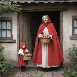 An illustration of the fairy tale characters, little Red Riding Hood, wearing her signature red cloak, carrying a basket, standing beside her grandmother, dressed in old-fashioned clothing in a quaint cottage.