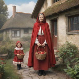 An illustration of the fairy tale characters, little Red Riding Hood, wearing her signature red cloak, carrying a basket, standing beside her grandmother, dressed in old-fashioned clothing in a quaint cottage.