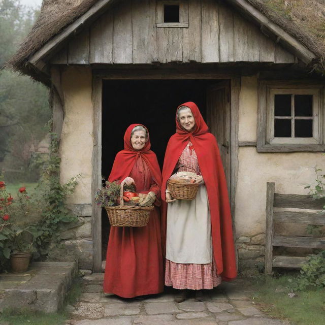 An illustration of the fairy tale characters, little Red Riding Hood, wearing her signature red cloak, carrying a basket, standing beside her grandmother, dressed in old-fashioned clothing in a quaint cottage.