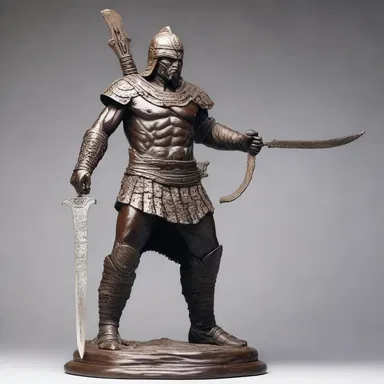 The artist created a stunning sculpture of a warrior holding a spearpoint at the tip of his weapon.