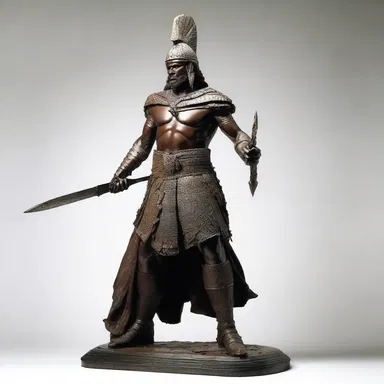 The artist created a stunning sculpture of a warrior holding a spearpoint at the tip of his weapon.