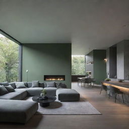 An interior of a house designed in a harmony of green and gray hues complemented by ambient indoor lighting