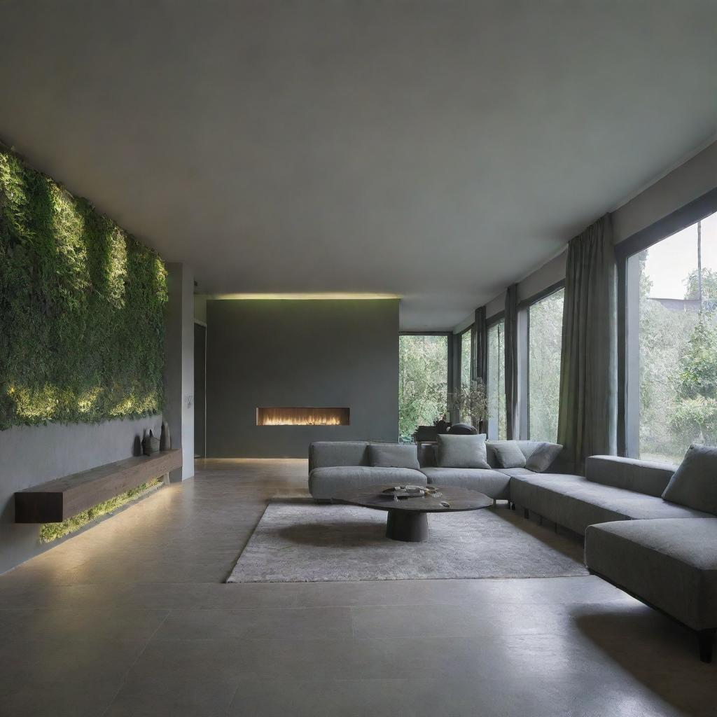 An interior of a house designed in a harmony of green and gray hues complemented by ambient indoor lighting