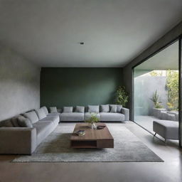 An interior of a house designed in a harmony of green and gray hues complemented by ambient indoor lighting