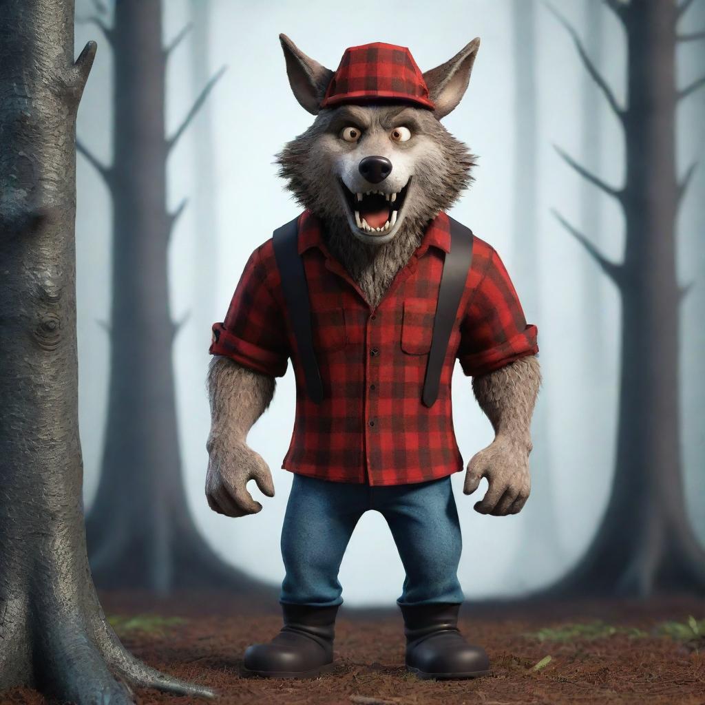 Generate a 3D cartoon-style image of a scary, standing wolf dressed as a lumberjack in the woods.