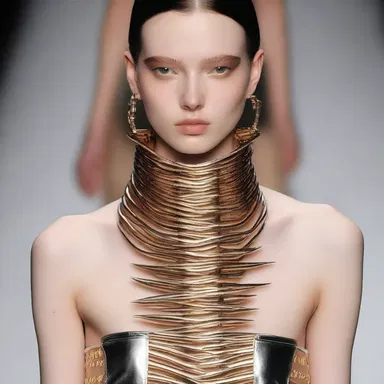 The fashion designer showcased a collection featuring metallic daggers as statement accessories.