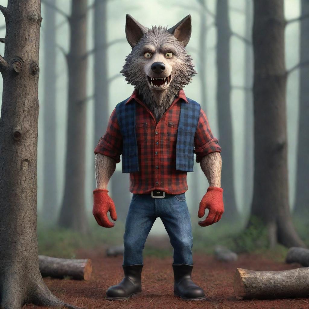 Generate a 3D cartoon-style image of a scary, standing wolf dressed as a lumberjack in the woods.