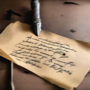 The investigator found a creepy note in the abandoned house, with a dagger symbol indicating a footnote about a sinister secret.