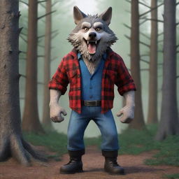 Generate a 3D cartoon-style image of a scary, standing wolf dressed as a lumberjack in the woods.