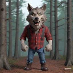 Generate a 3D cartoon-style image of a scary, standing wolf dressed as a lumberjack in the woods.