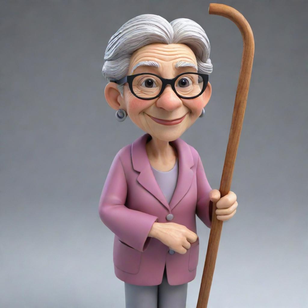 A fun and lively 3D rendition of a cartoon grandmother, fashioned with a warm smile, wearing reading glasses at the tip of her nose, and leaning on a hand-carved wooden cane.