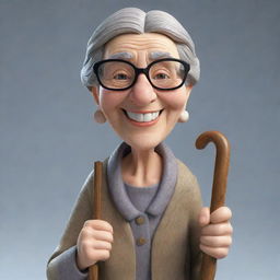 A fun and lively 3D rendition of a cartoon grandmother, fashioned with a warm smile, wearing reading glasses at the tip of her nose, and leaning on a hand-carved wooden cane.