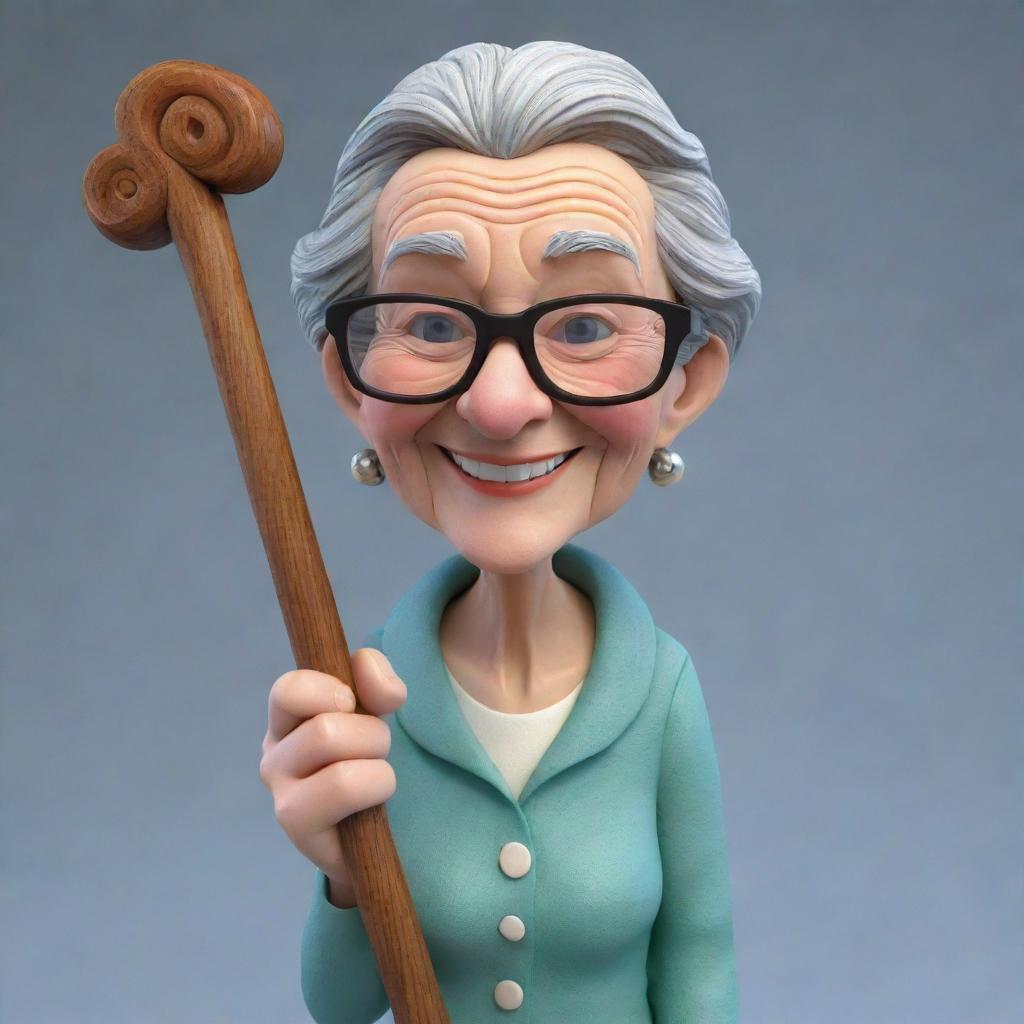 A fun and lively 3D rendition of a cartoon grandmother, fashioned with a warm smile, wearing reading glasses at the tip of her nose, and leaning on a hand-carved wooden cane.