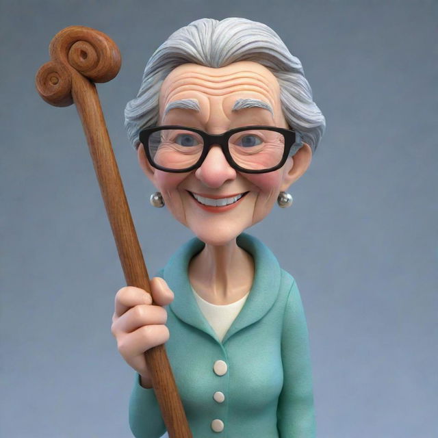 A fun and lively 3D rendition of a cartoon grandmother, fashioned with a warm smile, wearing reading glasses at the tip of her nose, and leaning on a hand-carved wooden cane.