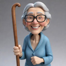 A fun and lively 3D rendition of a cartoon grandmother, fashioned with a warm smile, wearing reading glasses at the tip of her nose, and leaning on a hand-carved wooden cane.