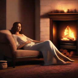 A high-quality digital art image showcasing a tastefully depicted woman reclining near a warmly lit fireplace