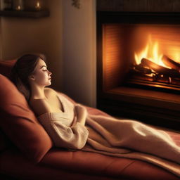 A high-quality digital art image showcasing a tastefully depicted woman reclining near a warmly lit fireplace