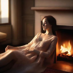 A high-quality digital art image showcasing a tastefully depicted woman reclining near a warmly lit fireplace