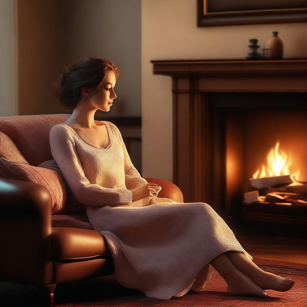 A high-quality digital art image showcasing a tastefully depicted woman reclining near a warmly lit fireplace