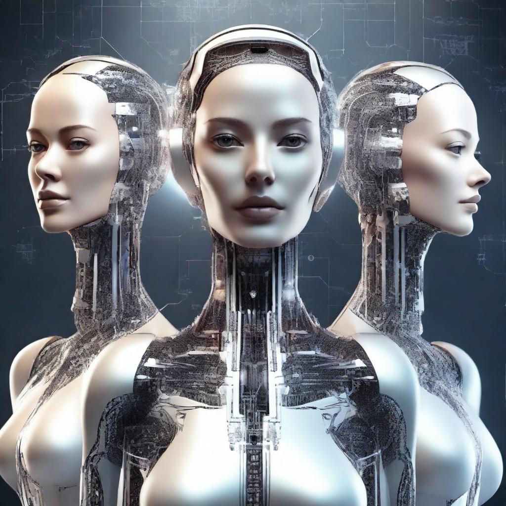 A high-quality digital art image illustrating a group of sophisticated women, each embodying elements of artificial intelligence