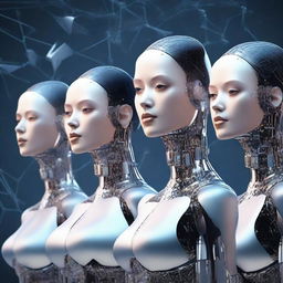 A high-quality digital art image illustrating a group of sophisticated women, each embodying elements of artificial intelligence