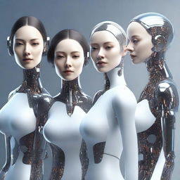 A high-quality digital art image illustrating a group of sophisticated women, each embodying elements of artificial intelligence