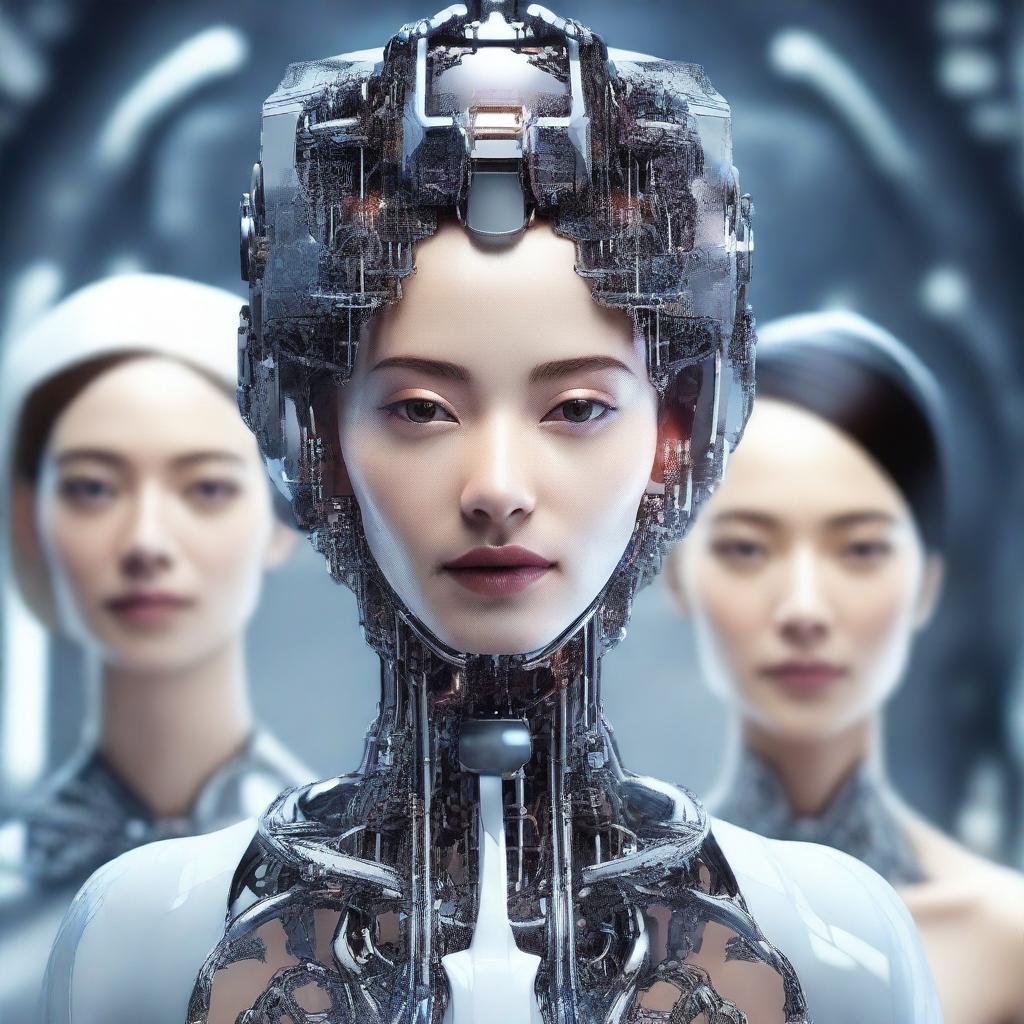 A high-quality digital art image illustrating a group of sophisticated women, each embodying elements of artificial intelligence