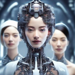 A high-quality digital art image illustrating a group of sophisticated women, each embodying elements of artificial intelligence