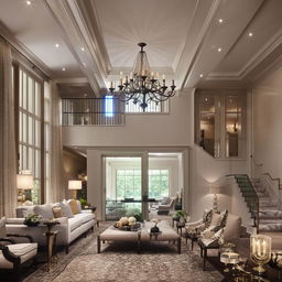 A luxurious second-floor home interior, high-end finishes, elegant furniture, sophisticated lighting, rich textures, and a sumptuous color palette.