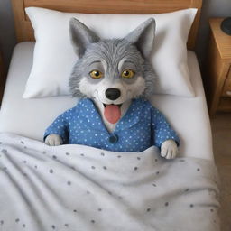 Generate a 3D cartoon-style image of a wolf dressed as a granny lying in bed.