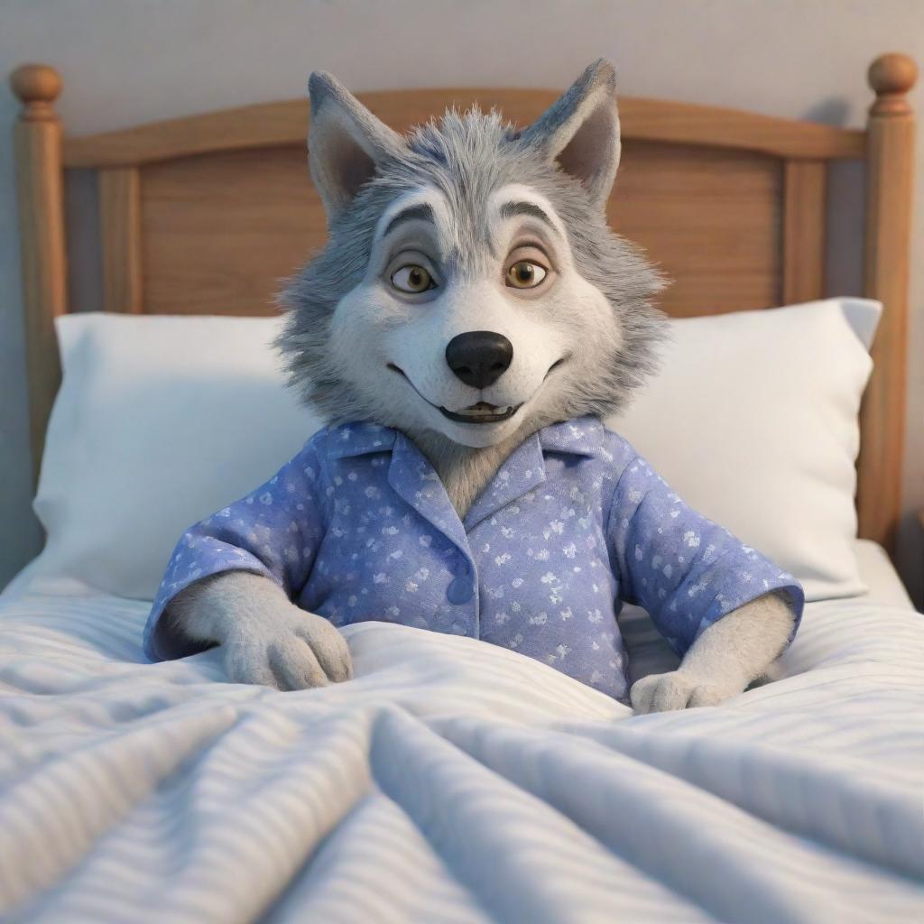 Generate a 3D cartoon-style image of a wolf dressed as a granny lying in bed.