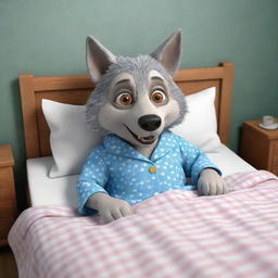 Generate a 3D cartoon-style image of a wolf dressed as a granny lying in bed.