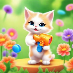 An image of a small, playful kitten, its fur a vibrant orange, mischievously squirting a water gun