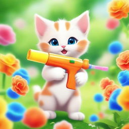 An image of a small, playful kitten, its fur a vibrant orange, mischievously squirting a water gun