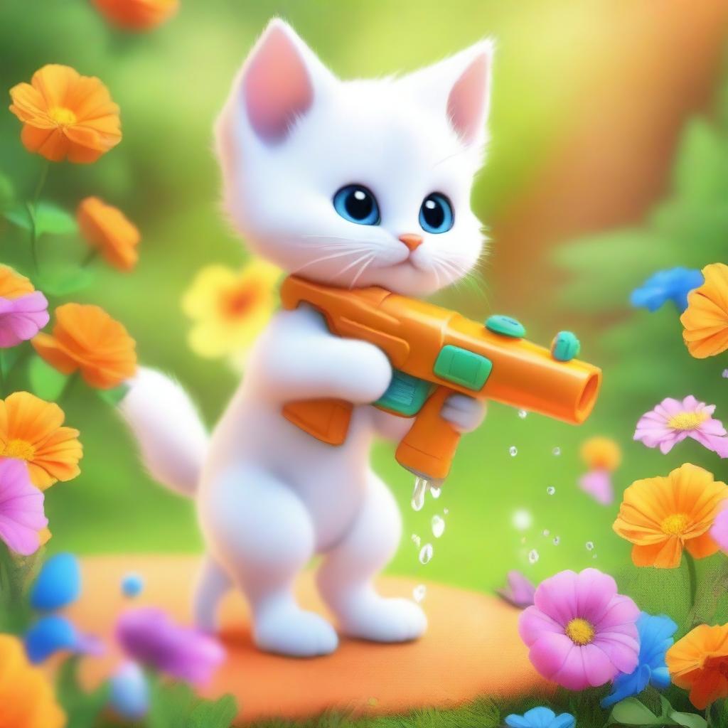 An image of a small, playful kitten, its fur a vibrant orange, mischievously squirting a water gun