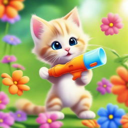 An image of a small, playful kitten, its fur a vibrant orange, mischievously squirting a water gun