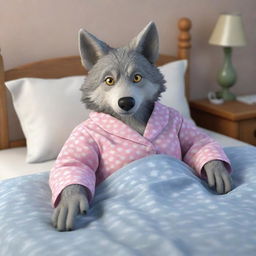 Generate a 3D cartoon-style image of a wolf dressed as a granny lying in bed.