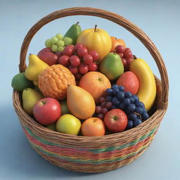 A 3D cartoon-style image showing a detailed, handwoven wicker basket filled with a selection of colorful fruits.