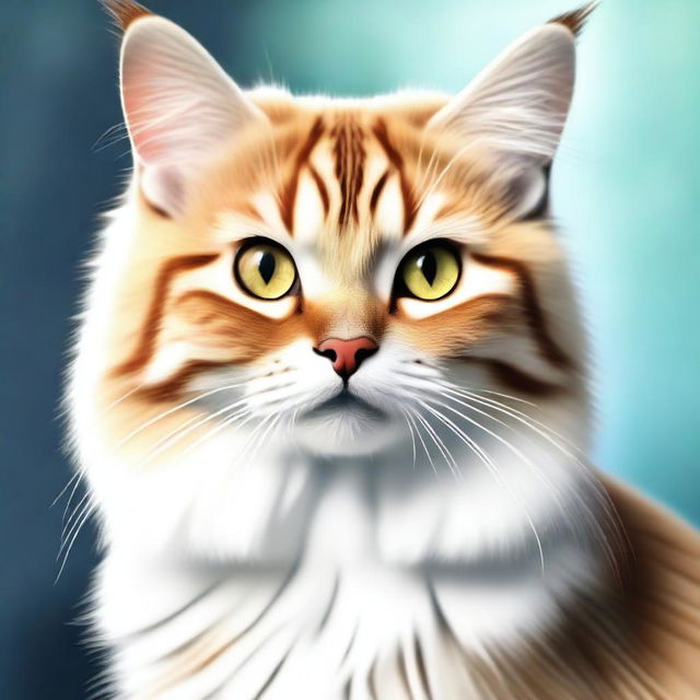 A high-quality digital art piece depicting a fluffy, adorable domestic cat