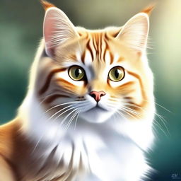 A high-quality digital art piece depicting a fluffy, adorable domestic cat