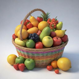 A 3D cartoon-style image showing a detailed, handwoven wicker basket filled with a selection of colorful fruits.