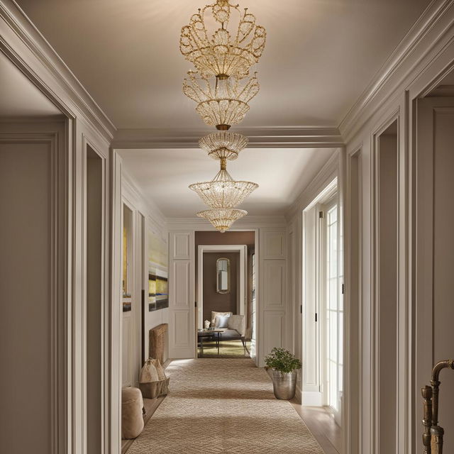 A luxurious second-floor home interior, high-end finishes, elegant furniture, sophisticated lighting, rich textures, and a sumptuous color palette.