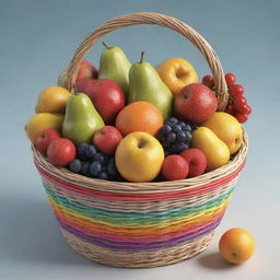 A 3D cartoon-style image showing a detailed, handwoven wicker basket filled with a selection of colorful fruits.