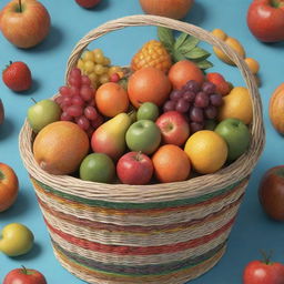 A 3D cartoon-style image showing a detailed, handwoven wicker basket filled with a selection of colorful fruits.