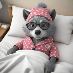 Create a 3D cartoon image of a wolf dressed as a granny that's wearing glasses and a sleeping hat, lying in bed.