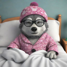 Create a 3D cartoon image of a wolf dressed as a granny that's wearing glasses and a sleeping hat, lying in bed.