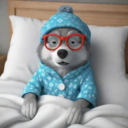 Create a 3D cartoon image of a wolf dressed as a granny that's wearing glasses and a sleeping hat, lying in bed.