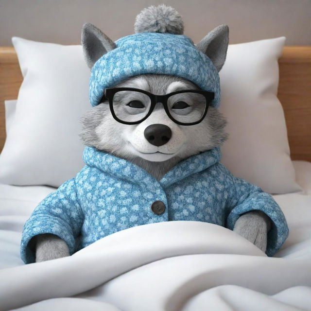 Create a 3D cartoon image of a wolf dressed as a granny that's wearing glasses and a sleeping hat, lying in bed.