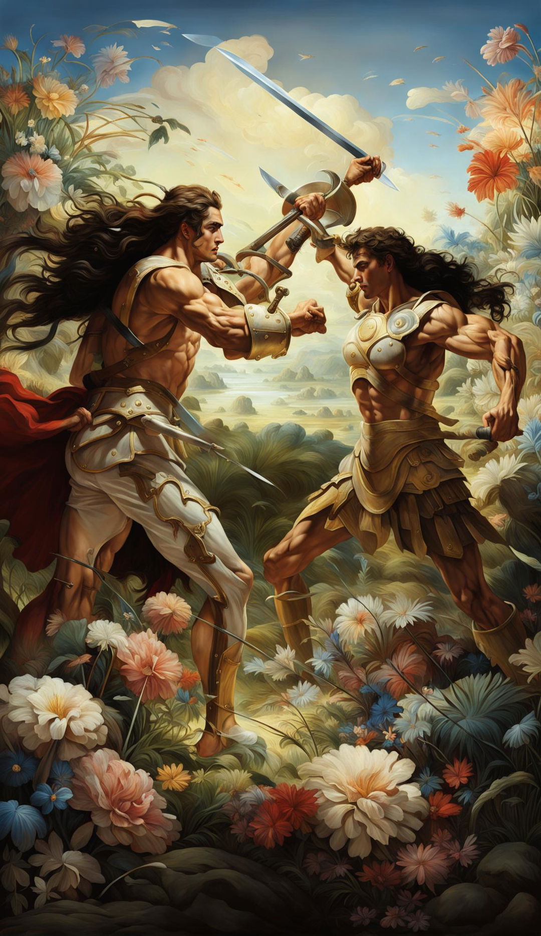 A Rococo style painting of Achilles battling Amazonian queen Penthesilea in a pastel floral landscape. Penthesilea is depicted with brown skin and dark hair.